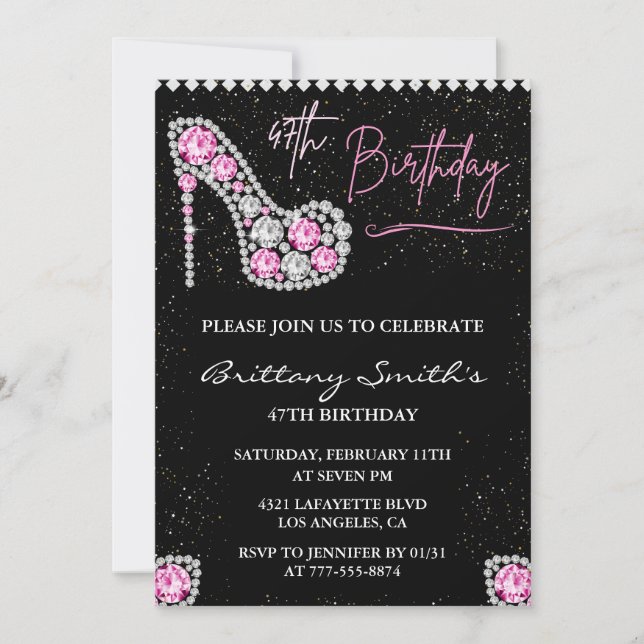 Invitation Glam Black Pink Silver Diamond 47e anniversaire (Devant)