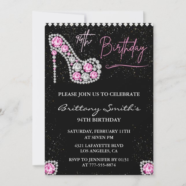Invitation Glam Black Pink Silver Diamond 94e anniversaire (Devant)