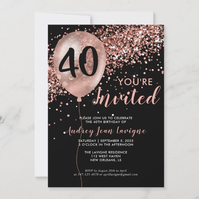 Invitation Glam Black Rose Gold Parties scintillant Balloon 4 (Devant)