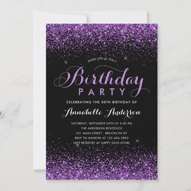 Invitation Glam Black Violet Parties scintillant Étincelle N' (Devant)