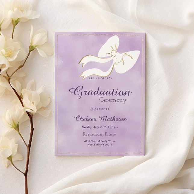 Invitation Glam blanc or arc lavande aquarelle Graduation (Glam white gold bow lavender watercolor Graduation )