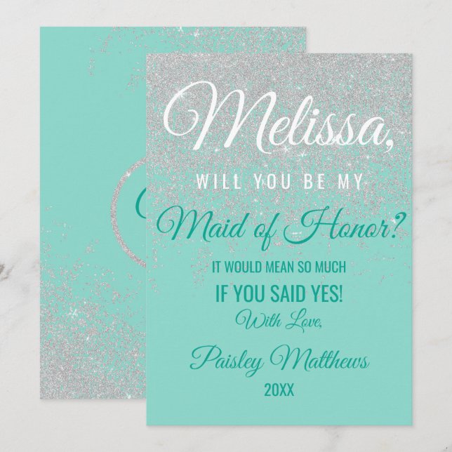 Invitation Glam Blanc Paillettes Scintillantes Demoiselle d'H (Devant / Derrière)