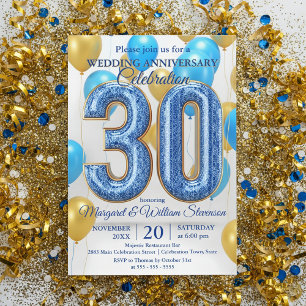 Invitation Glam Blue Gold Ballons 30 ans de mariage
