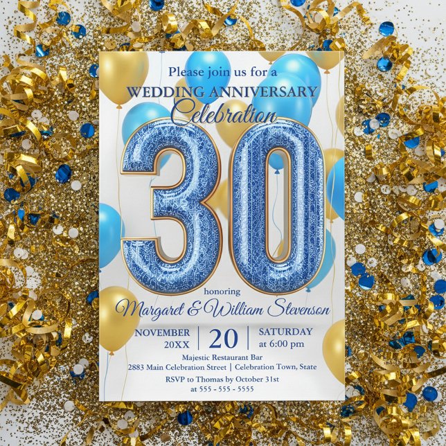Invitation Glam Blue Gold Balloons 30th Wedding Anniversary  (Créateur téléchargé)