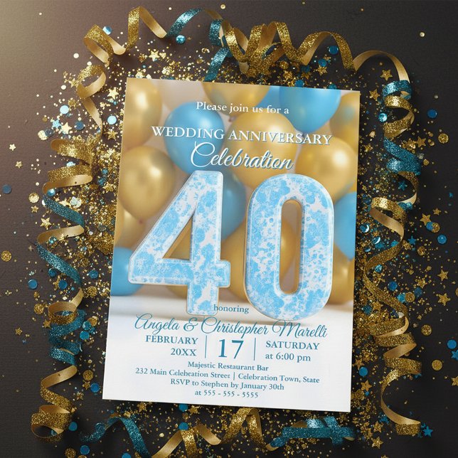 Invitation Glam Blue Gold Balloons 40th Wedding Anniversary  (Créateur téléchargé)
