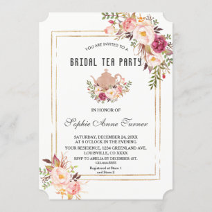 Invitation Glam Blush Rose Floral Fête des mariées Tea Party
