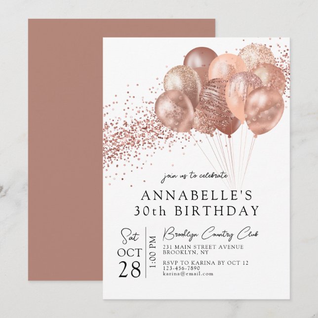 Invitation Glam Blush Rose Rose or Parties scintillant Balloo (Devant / Derrière)