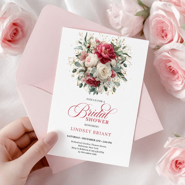Invitation Glam Boho Burgundy Blush Floral Greenery Shower (Minimal Bohemian Red White Gold Bridal Shower)
