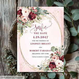 Invitation Glam Boho Rouge Profond Fard Doré Fleurs Enregistr