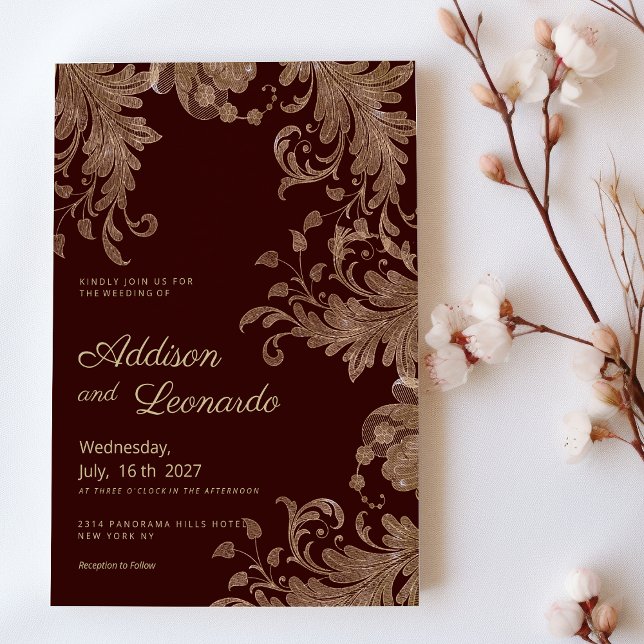 Invitation Glam burgundy or floral luxe dentelle Mariage (Glam burgundy gold floral luxury lace Wedding)