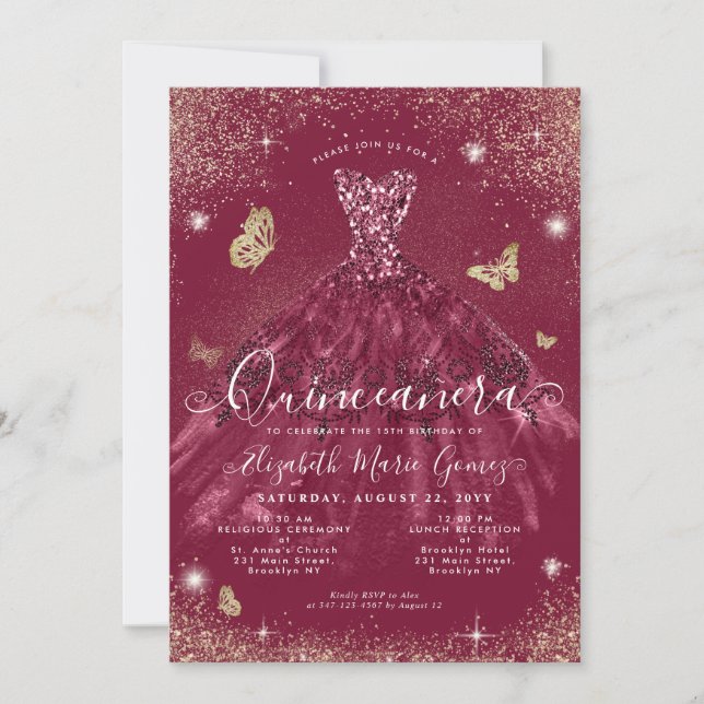 Invitation Glam Burgundy Red Gold Parties scintillant Gown Qu (Devant)
