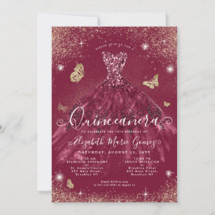 Invitation Glam Burgundy Red Gold Parties scintillant Gown Qu