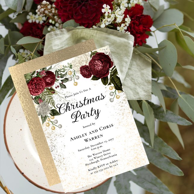 Invitation Glam Burgundy Rose Fête de Noël Florale (Glam Burgundy Roses and Faux Sepia Gold Glitter Elegant Christmas Party Invitation)