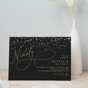 Invitation Glam Calligraphy Black Gold Confetti 90e anniversa