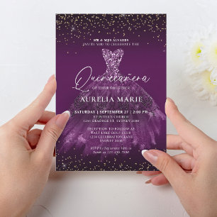 Invitation Glam Chic Gold Purple Princesse robe Quinceanera