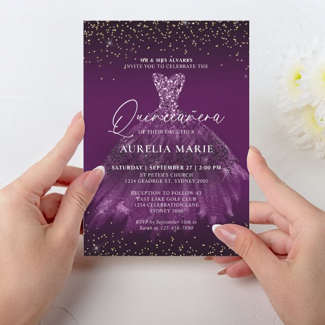 Invitation Glam Chic Gold Purple Princesse robe Quinceanera (Créateur téléchargé)