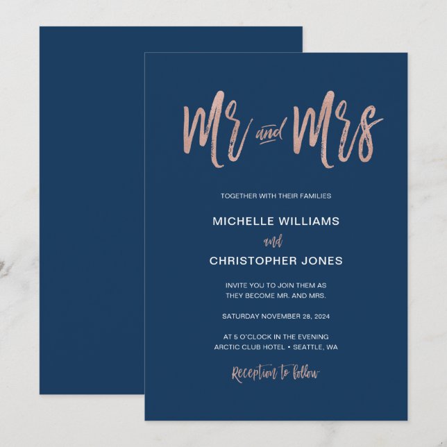 Invitation Glam Chic Marine & Rose Gold Mr & Mrs Wedding Invi (Devant / Derrière)