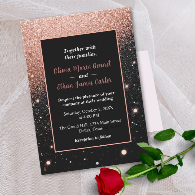 Invitation glam chic rose gold Glitter gold frame wedding (Créateur téléchargé)