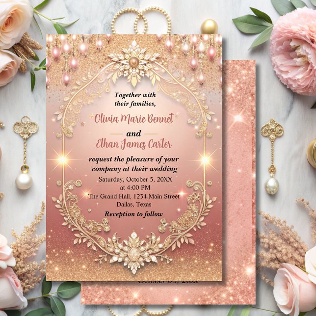 Invitation glam chic rose or Parties scintillant or cadre mar (Créateur téléchargé)