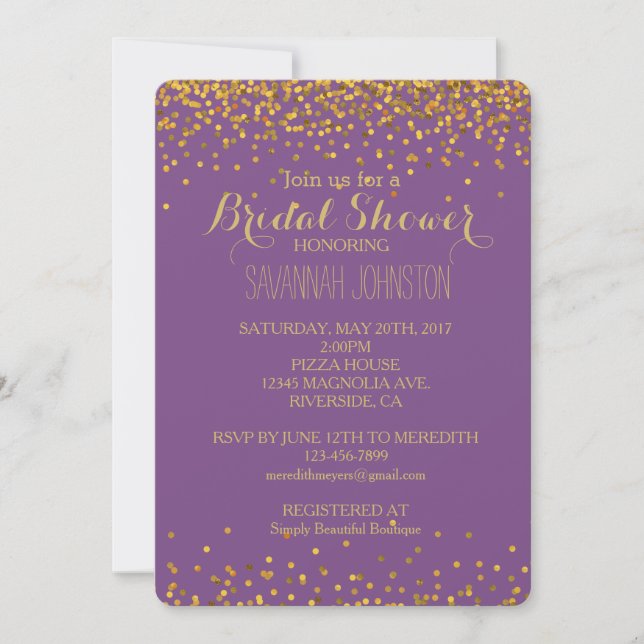 Invitation Glam Confetti Dots or et violet douche nuptiale (Devant)