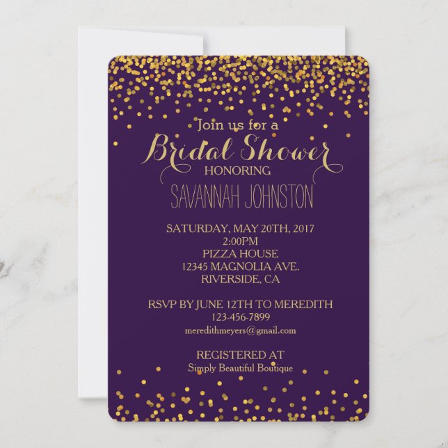 Invitation Glam Confetti Dots or et violet douche nuptiale (Devant)