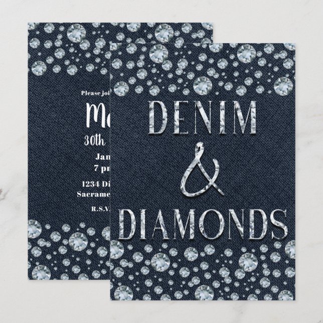 Invitation Glam de fête d'anniversaire Denim & Diamonds Bling (Devant / Derrière)