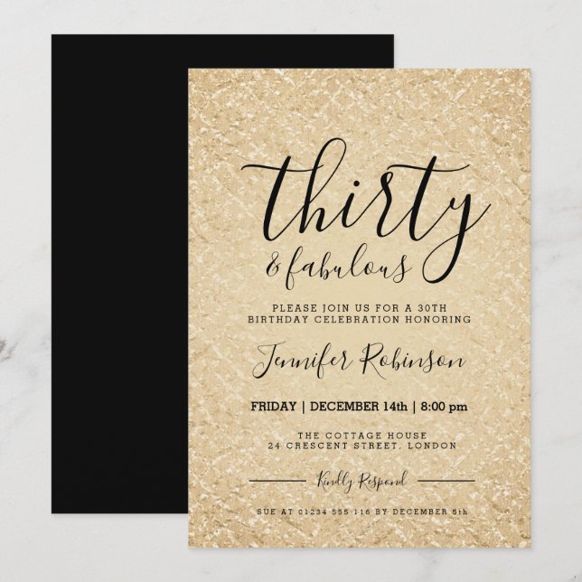 Invitation Glam de la Parties scintillant d'or du 30e anniver (Devant / Derrière)