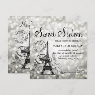Invitation Glam de Paris romantique en Sweet sixteen d'argent