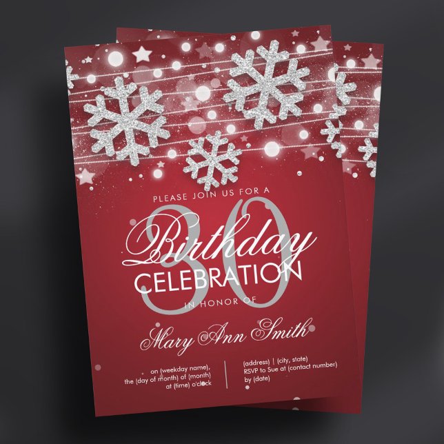 Invitation Glam de Parties scintillant d'hiver Silver Red 30t (Silver Red 30th Birthday Winter Glitter Glam Invitation)