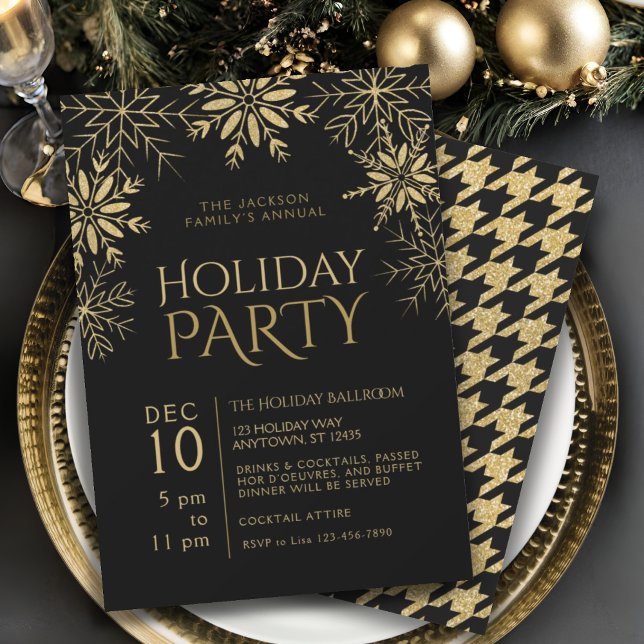 Invitation Glam de vacances Gold & Black Houndstooth Snowflak (Créateur téléchargé)