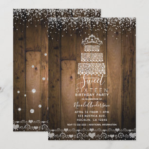 Invitation Glam Diamond Bling Gâteau Tiara Wood Sweet 16 Part