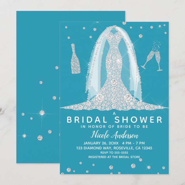 Invitation Glam Diamond Mariage Robe Fête des mariées Turquoi (Devant / Derrière)