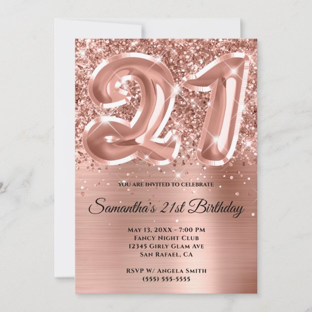 Invitation Glam doré Rose de la Glitterie Sparkly 21e anniver (Devant)