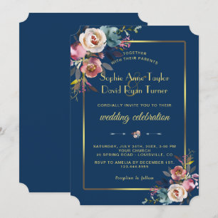 Invitation Glam Dusty Blue Floral Golden Frame Mariage