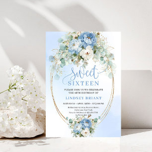 Invitation Glam Dusty Blue Pivoine Or Fête des 16