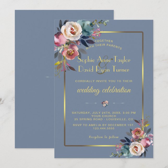 Invitation Glam Dusty Blue Rose Floral Gold Frame Mariage (Devant / Derrière)