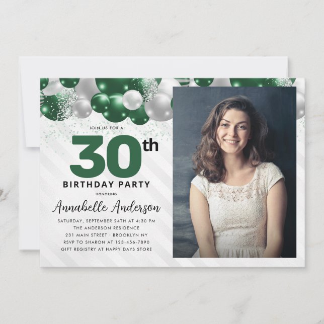 Invitation Glam Emerald Green Balloon Parties scintillant pho (Devant)