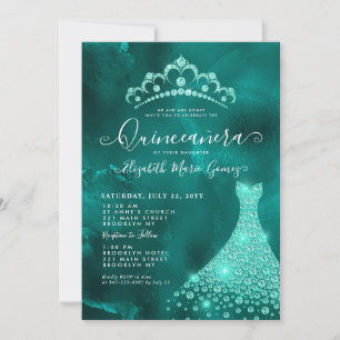 Invitation Glam Émeraude Verte Diamant Diadème Robe Quinceane