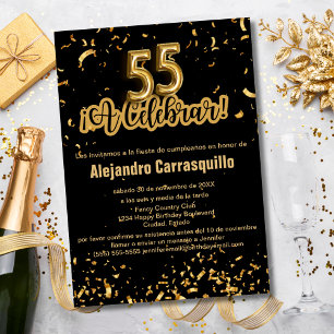 Invitation Glam espagnol Noir & Or Confetti 55e anniversaire