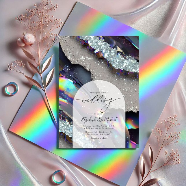 Invitation Glam Faux Holographique Agate Géode Mariage QR Cod (Glam Faux Holographic Agate Geode Wedding QR Code Invitation)