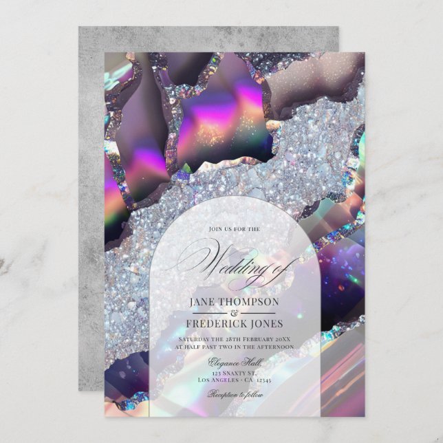 Invitation Glam Faux Holographique Agate Marbre Mariage Geode (Devant / Derrière)