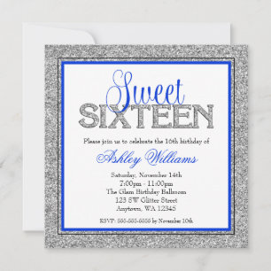 Invitation Glam Faux Paillettes Argent Bleu Sweet 16