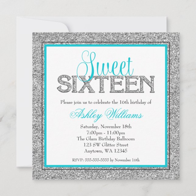Invitation Glam Faux Parties scintillant Silver Turquoise Blu (Devant)