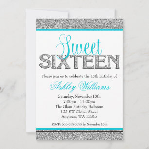 Invitation Glam Faux Parties scintillant Silver Turquoise Blu