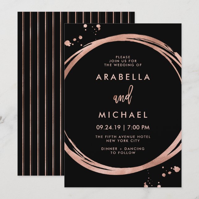Invitation Glam Faux Rose Gold Regardez en noir | Mariage (Devant / Derrière)