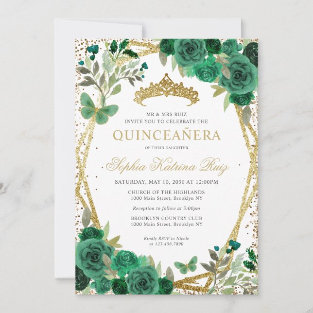 Invitation Glam Floral Emerald Green Gold QR Code Quinceañera (Devant)