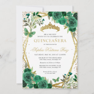 Invitation Glam Floral Emerald Green Gold QR Code Quinceañera