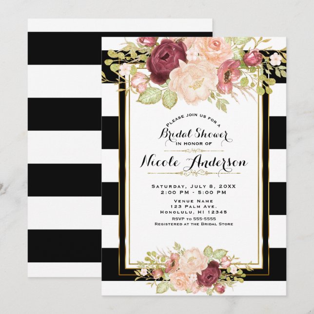 Invitation Glam Floral moderne Noir Blanc rayures nuptiale (Devant / Derrière)