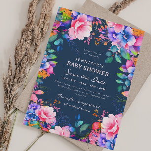 Invitation Glam Garden Floral Baby shower Save Date Navy