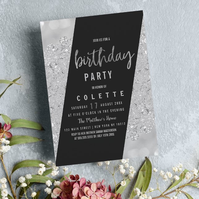 Invitation Glam géométrique noir argent parties scintillant f (Geometric glam black silver glitter Birthday Party)